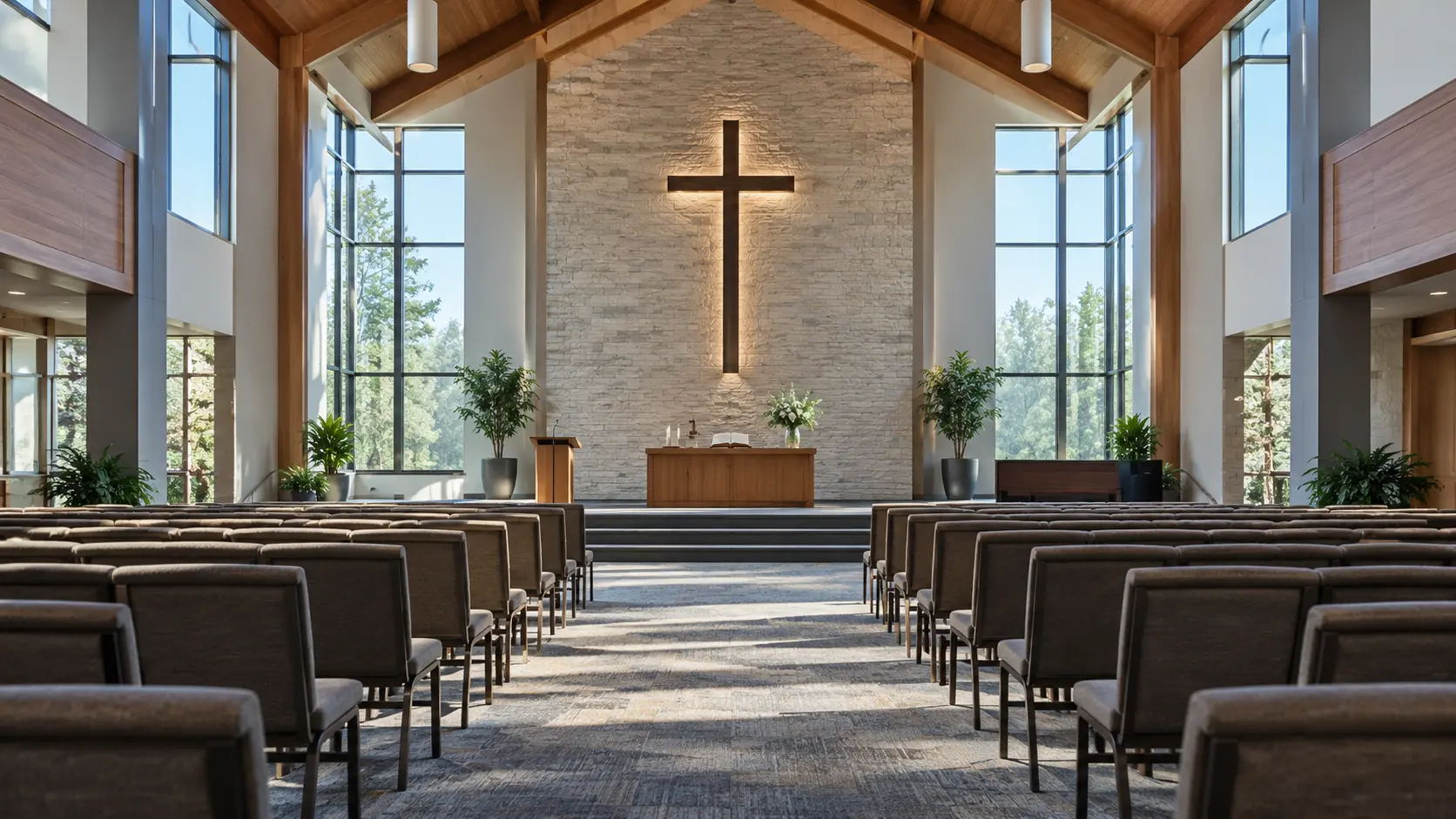 Illustrative modern church sanctuary with rows of seating