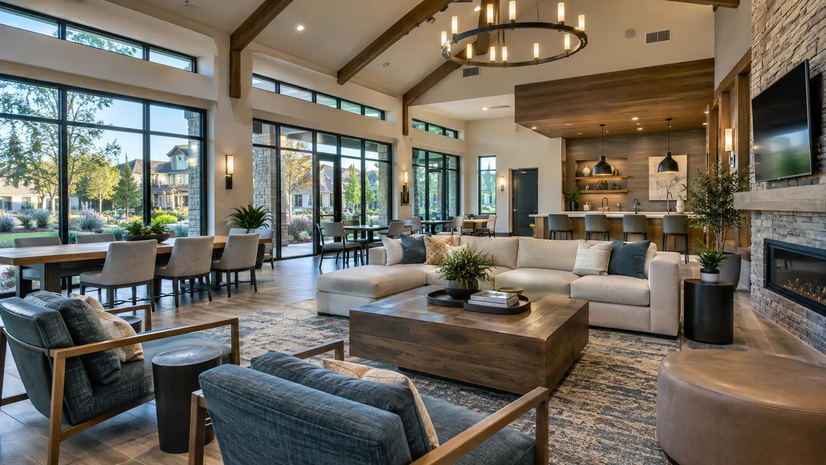 Illustrative community clubhouse lounge and meeting area