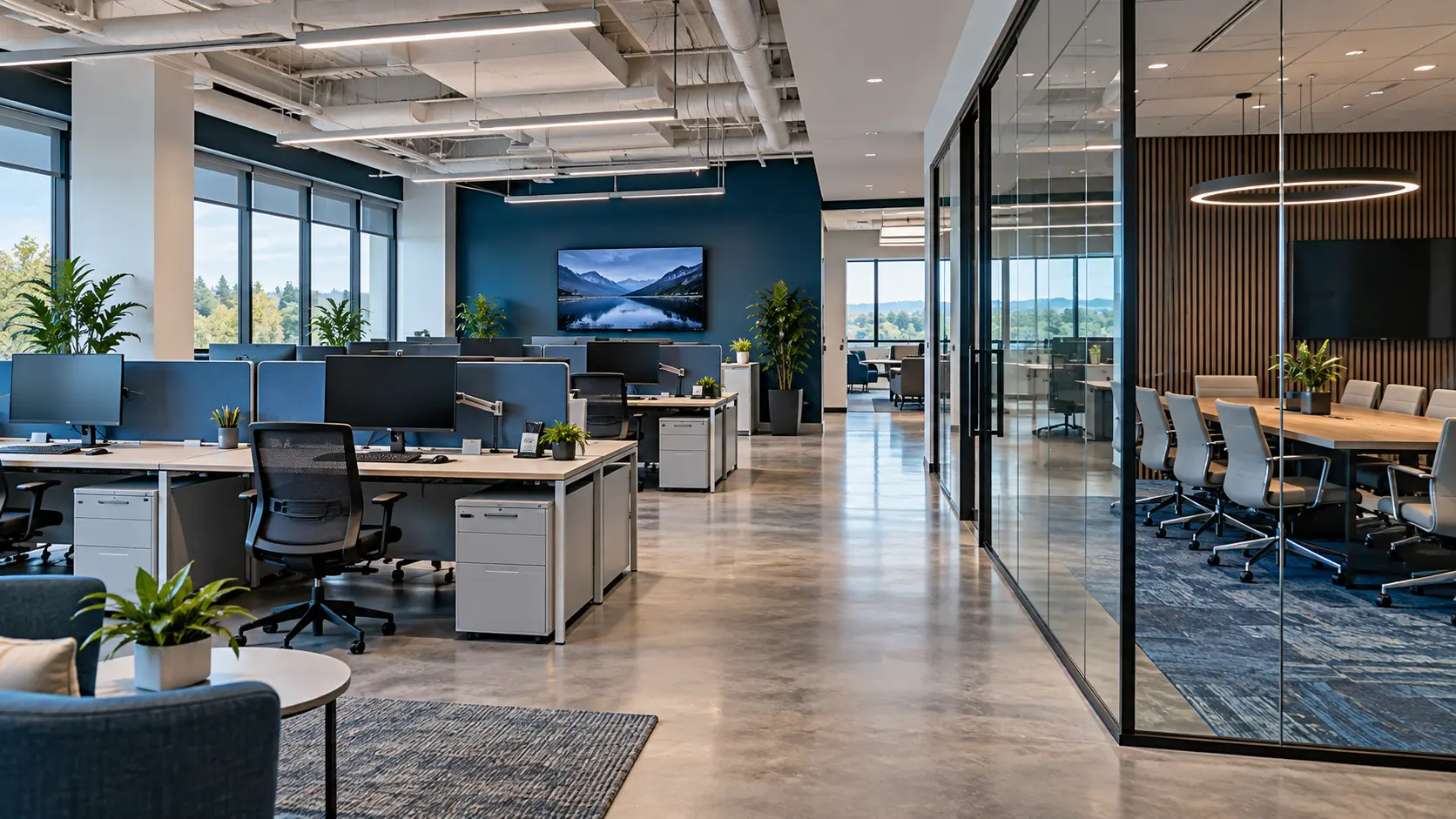 Illustrative corporate office with workstations and a glass meeting room