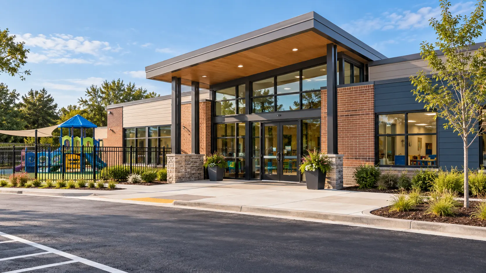 Illustrative private early-learning school with a fenced play area